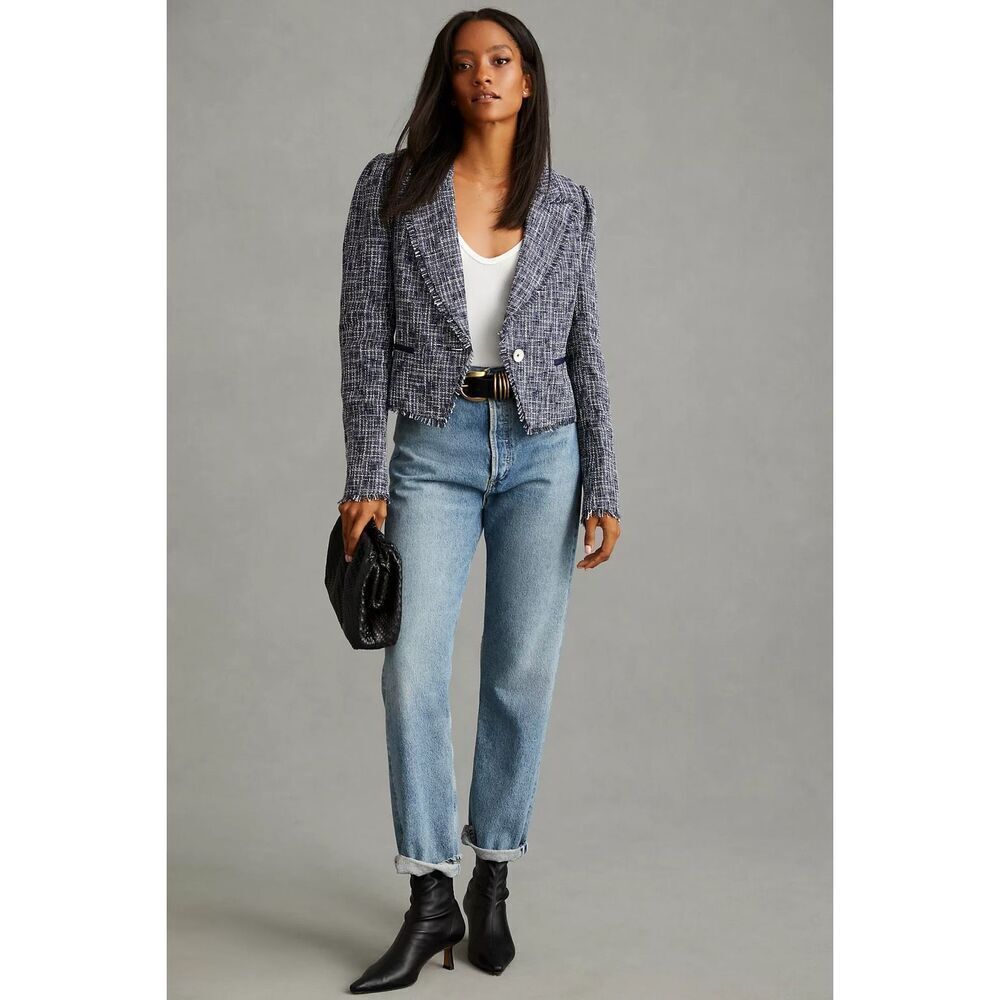 Paige Linen Blend Chelsee Puff-Sleeve Crop Blazer Size XL